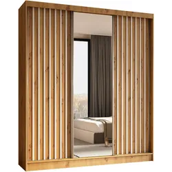 KLEIDERSCHRANK mit Spiegel-Schiebetüren und Aluminium-Leisten, LED-Beleuchtung - LAMELO - 180 cm Artisan+Artisan+Weiß