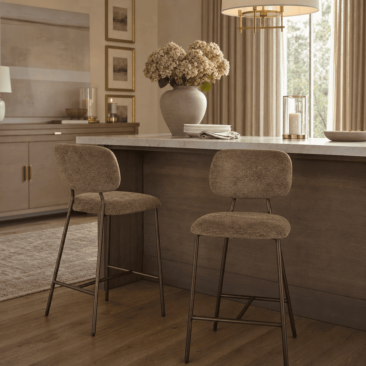 Wilder Warm Brown Chenille & Bronze Bar Stools- Set of 2