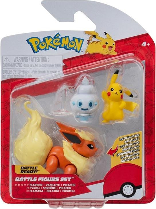 Jazwares Pokémon Eerste Partner Battle Figuurset met Pikachu #5, Gelatini en Flamara, 3-delig