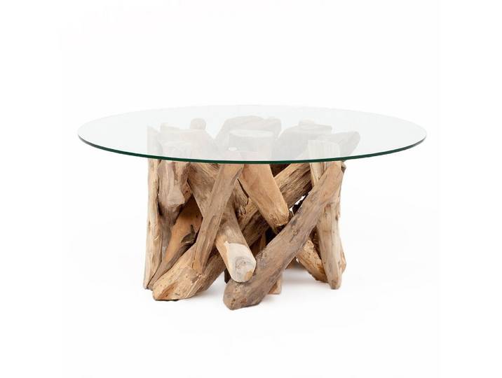 LebensWohnArt Couchtisch Individueller Teak Couchtisch TORA-rund Glasplatte D80cm