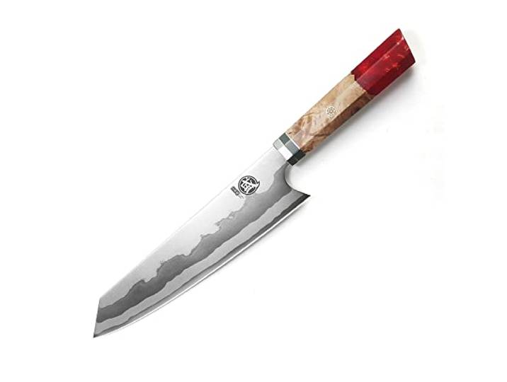 MITSUMOTO SAKARI 21 cm Kiritsuke Küchenmesser, Handgeschmiedetes Kochmesser 7 Lagen 440C Damast Fleischmesser, Profi Japanisches Kochmesser, Roter Griff mit Granatmuster und Boutique-Holzkiste