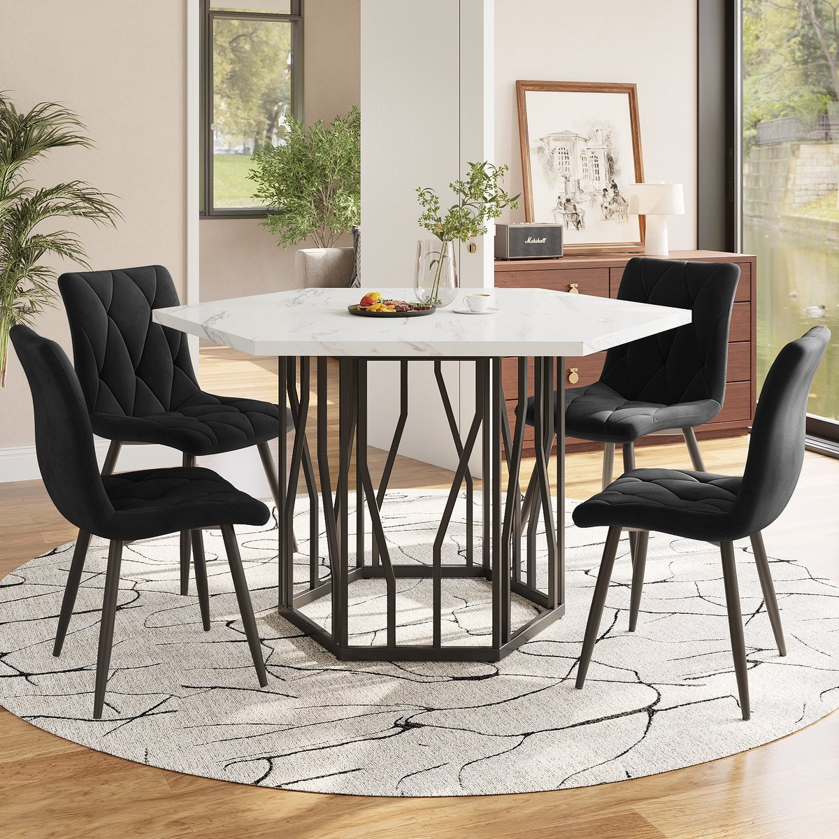 MODFU Eethoekset met Zeshoekige Eettafel en 4 Stoelen - Zwart/Wit - MDF, Staal en Fluweel