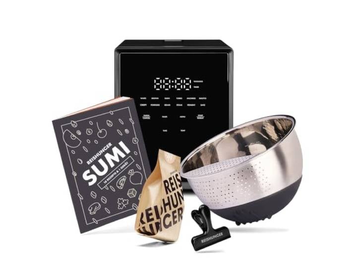 REISHUNGER Sumi Digitaler Reiskocher Starter Set – 3 L – Schwarz bis zu 5 Portionen – Warmhaltefunktion, Timer & Premium Innentopf – Inklusive Reis Wachschüssel, 4 Sorten Reis und Booklet