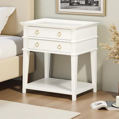 ZWYO HOSIMU "26""L 2-Drawer Tray Top Nightstand with Brushed Gold Ring Pulls, Full Extension Glides, and Open Shelf"