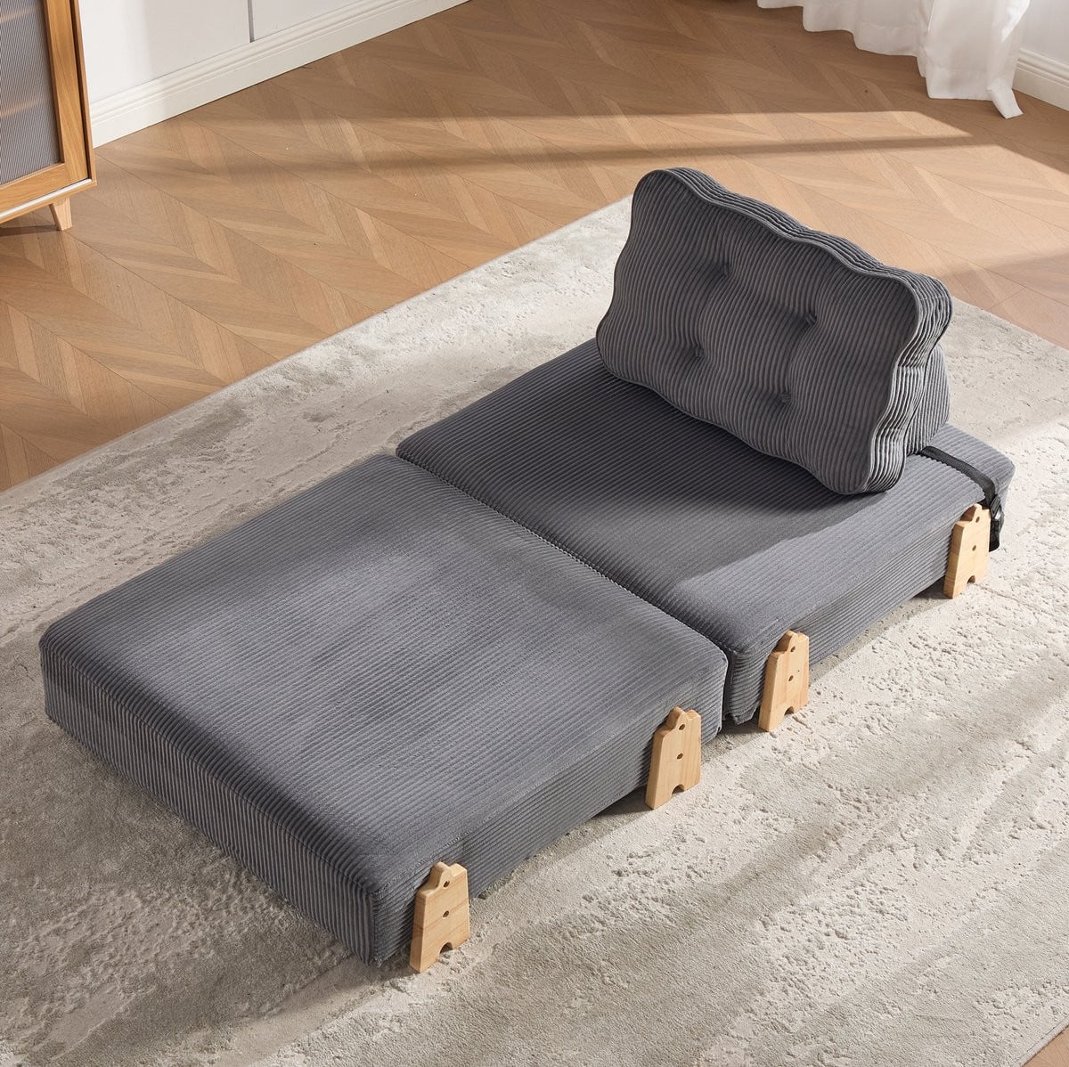 OKWISH Fauteuil 1-Zits Uitklapbare Slaapbank met Zachte Cord Bekleding en Houten Poten - Donkergrijs