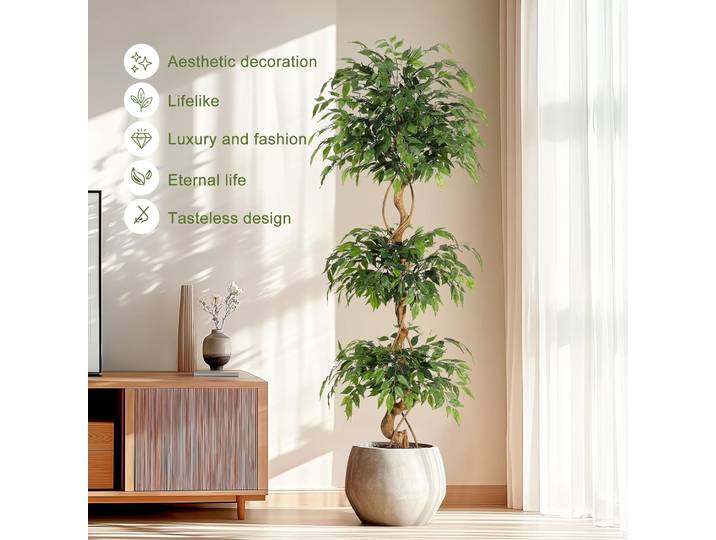 Arbre artificiel Ficus avec tronc incurvé, fausse plante en soie avec Pot blanc, arbre Ficus pour décoration intérieure et extérieure de la maison