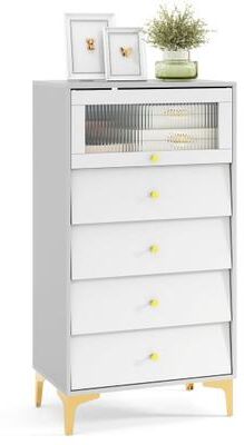Costway 4 Drawer Modern Storage Cabinet with Flip Up Fluted Glass Door-Gray and White
