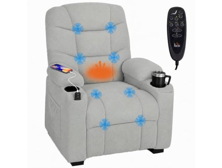 HOMCOM Relaxsessel Elektrisch Fernsehsessel mit Massage & Wärme, Grau TV-Sessel Massagesessel, mit Liege- und Memory-Funktion, Samtoptik, Fernbedienung, USB-Anschluss, Becherhalter, Leiser Motor