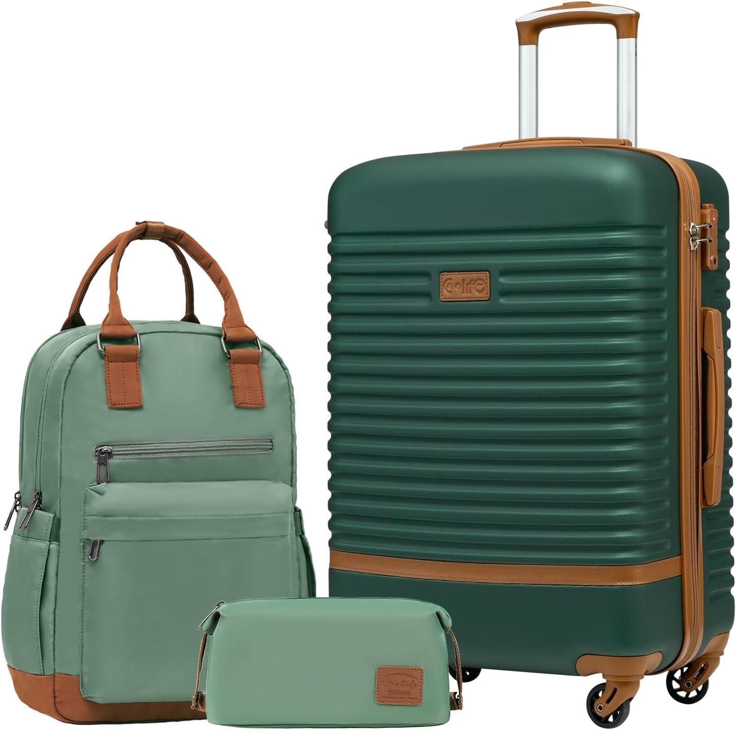 Koffer, Rollkoffer, Reisekoffer, Hartschalenkoffer aus ABS, 4 Rollen, TSA-Schloss. Der Koffer enthält einen Reisrucksack und eine Toilettasche, in Dunkelgrün/Braun, mittelgroß