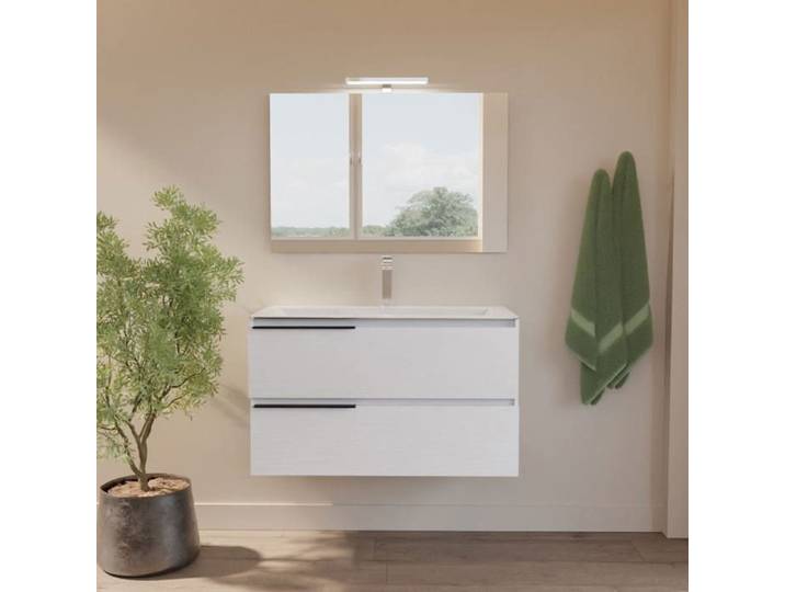 Meuble de salle de bain suspendu 90 cm avec lavabo miroir et lampe LED Berlin