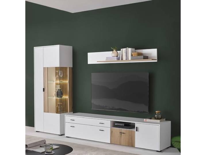 Lomadox Wohnwand Anbauwand Beleuchtung Vitrinenschrank 200cm Lowboard Wandregal weiß matt Eiche