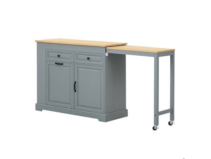 Îlot central de cuisine mobile – Gris – Plateau extensible latéral – Roulettes verrouillables – MDF