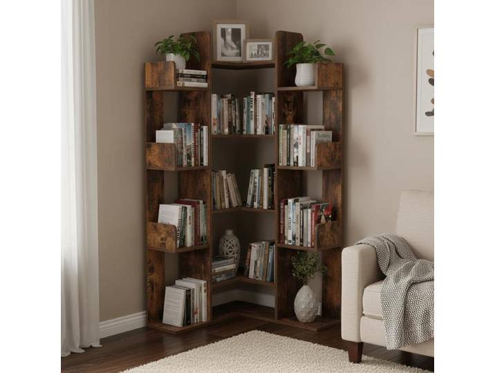 Étagère d'angle pour livres, organisateur de rangement pour livres avec 13 étagères ouvertes - Brun rustique
