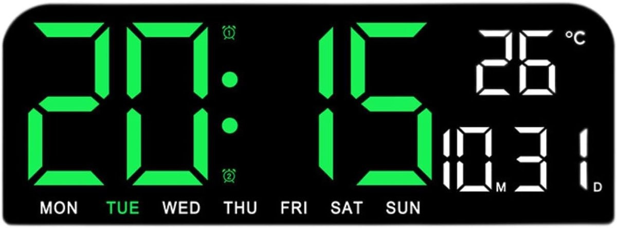 KZQ Grote Digitale Wandklok met Helder Display, Alarm, Datum en Weekdag - Groen