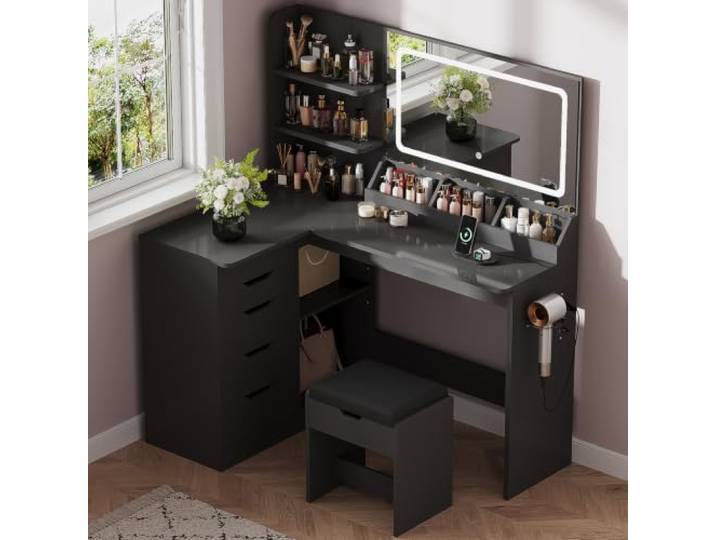 JUMMICO Schminktisch mit Spiegel und Licht, Eck Schminktisch L Hocker mit Beleuchtung LED 3 Farben, Make Up Table 120 breit mit 5 Schubladen und Steckdosen, Schwarz
