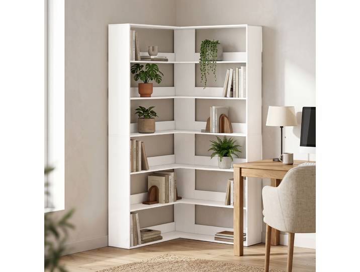 HOMCOM Étagère d’Angle 7 Niveaux Blanc Bois Bibliothèque