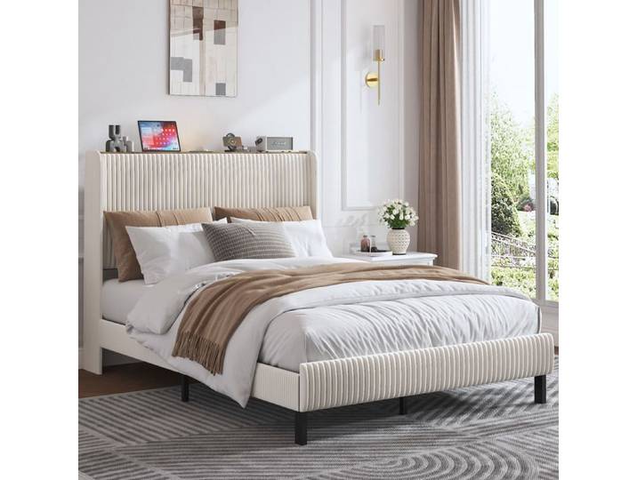Lit plateforme - ZEVKOR - 140x200 - Velours côtelé beige - Lattes métalliques - Tête de lit capitonnée