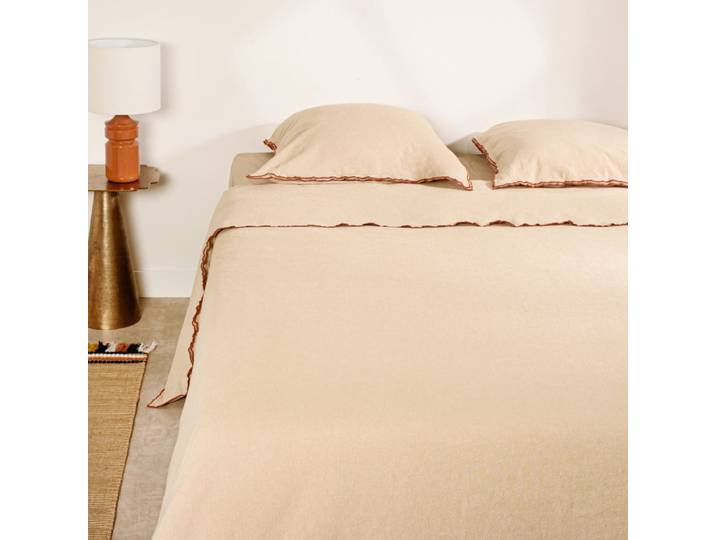 Parure de lit en coton biologique tissé beige et biais contrasté, 240x220 cm