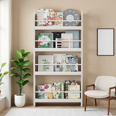 ZWYO HOSIMU 43.9in MDF 4-Tier Kids Bookshelf with Wall-Mounted Design, Display Rack with 22-Book Capacity & Anti-Toppling Devices