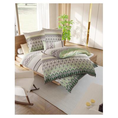 Bettwäsche WÄSCHEPUR Gr. 3, grün (eucalyptus, grau, bedruckt), B/L: 155cm x 220cm, Feinbiber, B/L: 80cm x 80cm, 2, Feinbiber, 100% Baumwolle, Bettwäsche, Bettwäsche