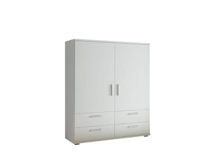 möbelando Stauraumschrank >Adeline< modern, mit Teleskopkleiderstange, 2 Türen & 2 Schubladen in Weiß – vielseitiger Kleiderschrank für Schlafzimmer, Flur oder Garderobe - 120x140x38cm (BxHxT).