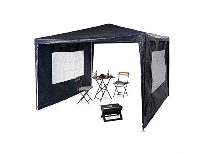 Relaxdays Pavillon 3x3 m, 2 Seitenteile, Metall Gestell, PE Plane, Blau Fenster, Festival Partyzelt, Geschlossen