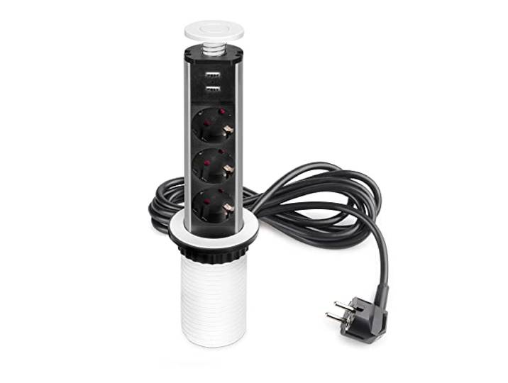 Emuca - Bloc multiprise escamotable avec 3 Prises SchEUo EU et 2 Ports USB\, Tour multiprise encastrable pour Plan de Travail de Cuisine ou Table de Bureau\, Peint en Blanc\, Plastique et Aluminium