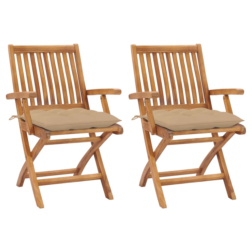 Klappstühle, 2 Stück, mit beigen Kissen, aus massivem Teakholz