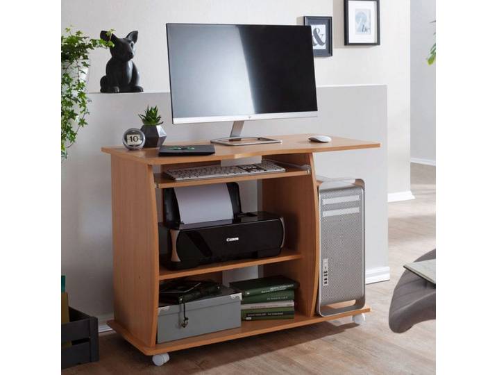 WOHNLING Bureau PC GRASSE 90x50x71 cm Hêtre à Roulettes Tablette Clavier