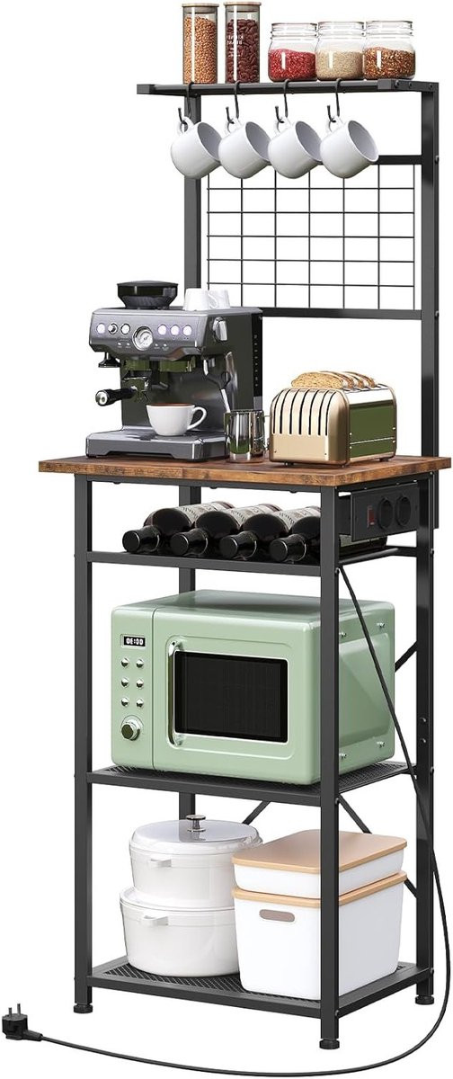 Baker's Rack Keukenrek met Oplaadstation en Magnetronplank, Vintage Bruin en Zwart