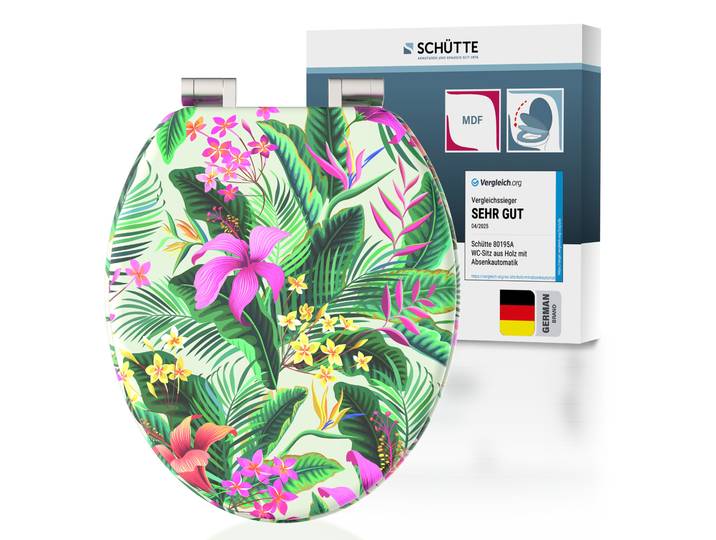 WC-Sitz SCHÜTTE TROPICAL , bunt, B:37,5cm L:43,5cm, MDF - Mitteldichte Holzfaserplatte, WC-Sitze, WC-Sitz, Toilettendeckel, Absenkautomatik, stabiles MDF, O-Form, Motiv, 175kg