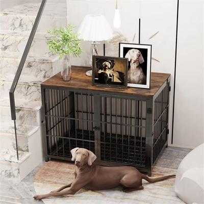 Inspired Finds Large Wooden Dog Crate Furniture Style Indoor Pet Kennel With Removable Tray & Triple Door Design black l