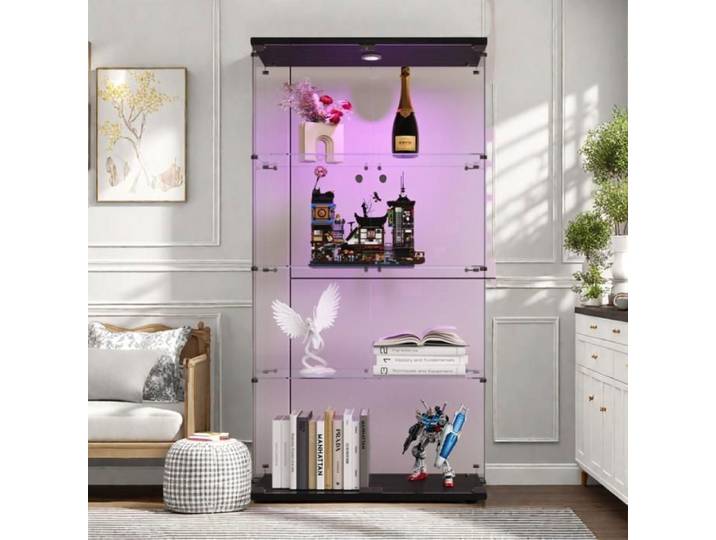 Vitrine en verre 4 étagères avec porte Lumières LED Vitrine en Verre avec Serrure 80.5×36.5×164cm noir