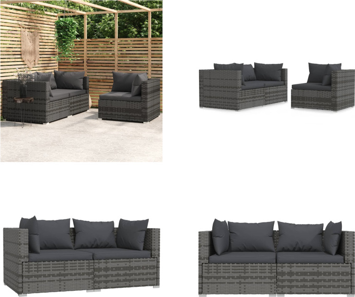 vidaXL 3 tlg. Garten Lounge Set mit Kissen Grau Poly Rattan - Garten-Lounge-Set - Garten-Lounge-Sets - Sofa Und Tisch - Terrassen-Lounge-Set