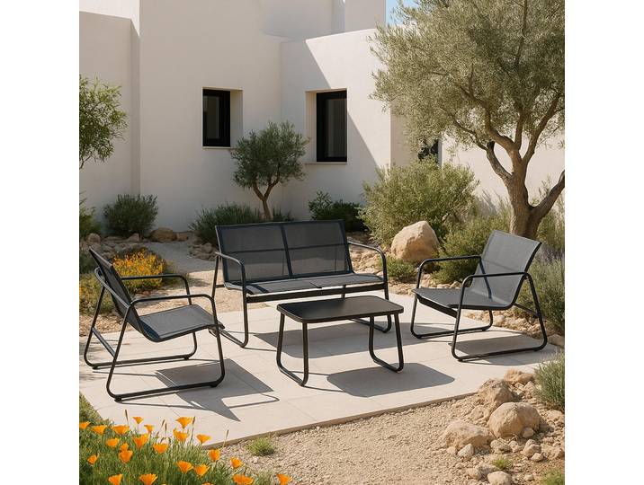 Gartenmöbelset Palencia Sitzgruppe Gartengarnitur Sitzbank für 2 Personen mit Couchtisch Gestell aus Stahl Hellgrau Schwarz