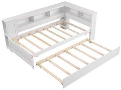 Costway Twin Size Daybed Platform Bed Frame with Trundle and Bedside Shelves-White
