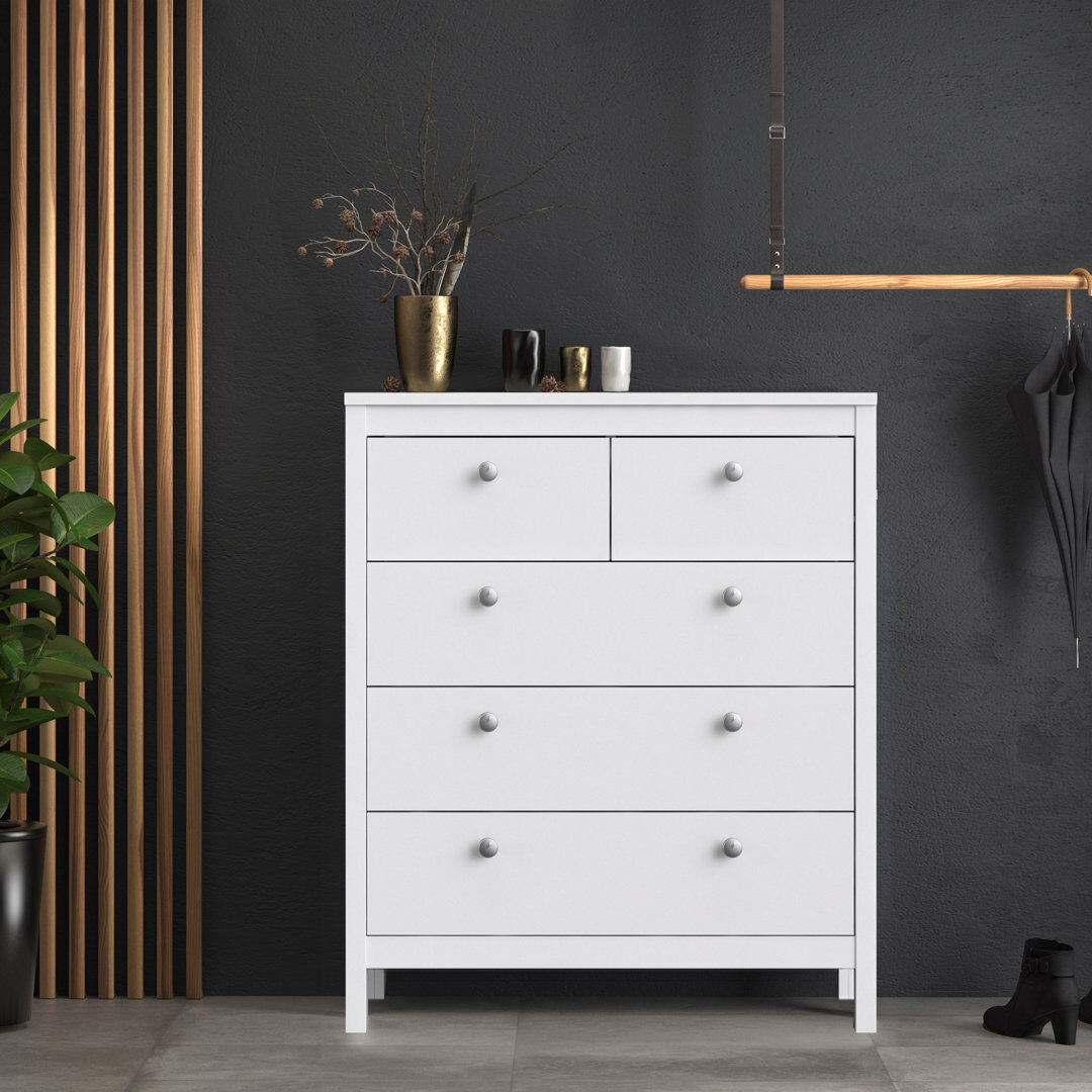 Ebern Designs Cynsere 82.1 cm W Chest of 5 Drawers White 98.9cm H X 82.1cm W X 38.4cm D