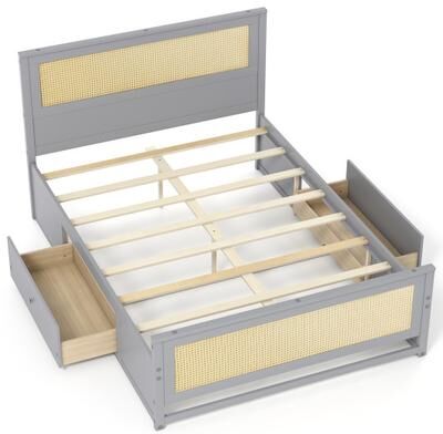 Costway Full Size Rattan Bed Frame with Storage Drawers-Gray