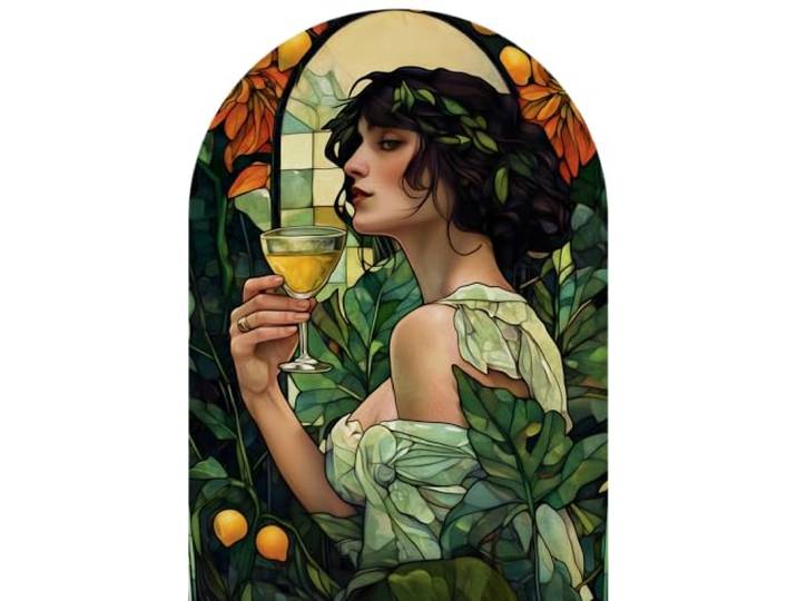 STYLER Glasbild Florence 70x100 cm – Strahlende Jugendstil-Muse mit Zitronen & floralen Ornamenten – Hochwertiges Kunstwerk mit bogenförmigem Design