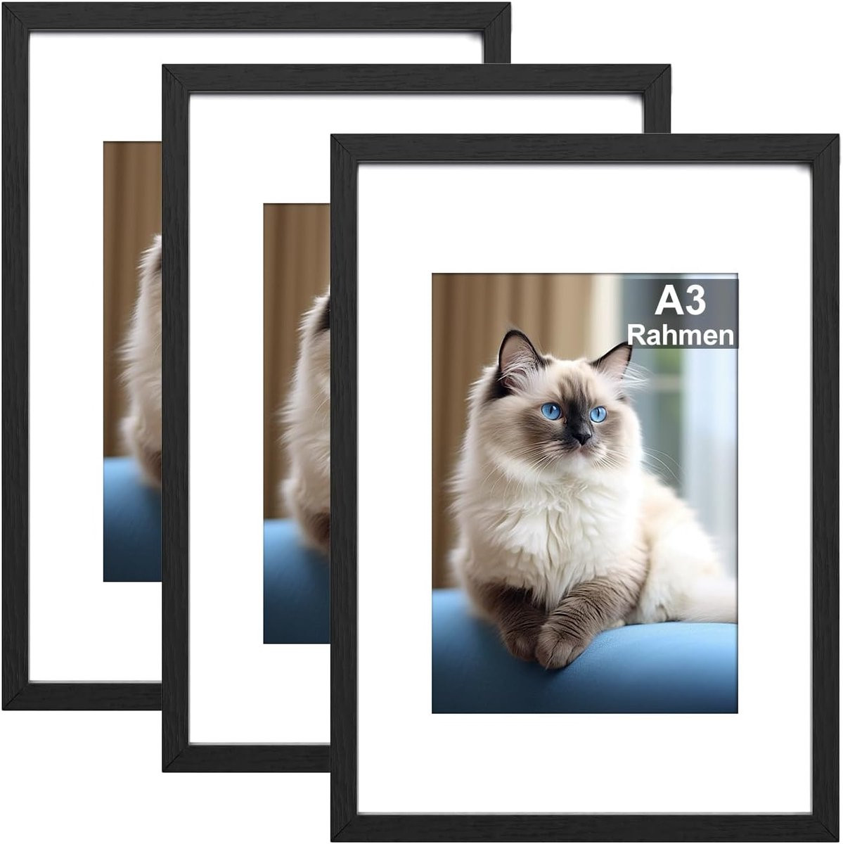SnelShoppen Set van 3 A3 Fotolijsten Zwart Houten Wandlijsten