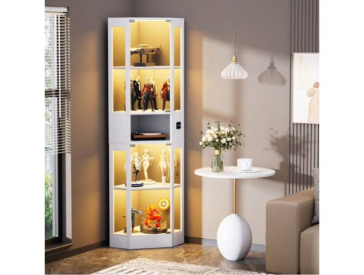 Vitrine Armoire 57x40x165 cm avec LED 3 couleurs et capteur de mouvement rangement pour salon MDF blanc