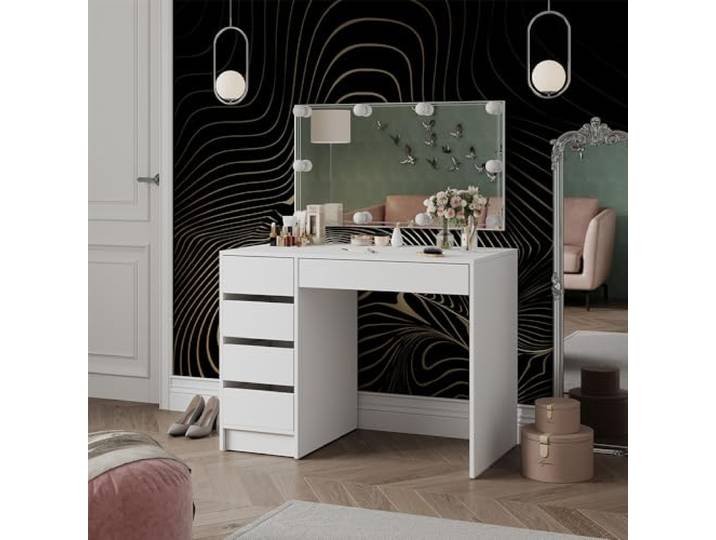 Vicco Schminktisch Thalia, Weiß 100 cm Spiegel mit LED-Lichterkette · 5 Schubladen · Bodenstehend · Grifflose Optik · Viel Stauraum