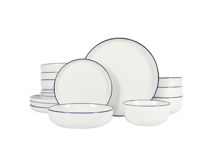 Gibson Home Oslo Geschirr-Set, Porzellan, Keramik, splitterfest, kratzfest, mikrowellen- und spülmaschinenfest, Teller und Schüsseln, Weiß mit blauem Rand, 16-teilig