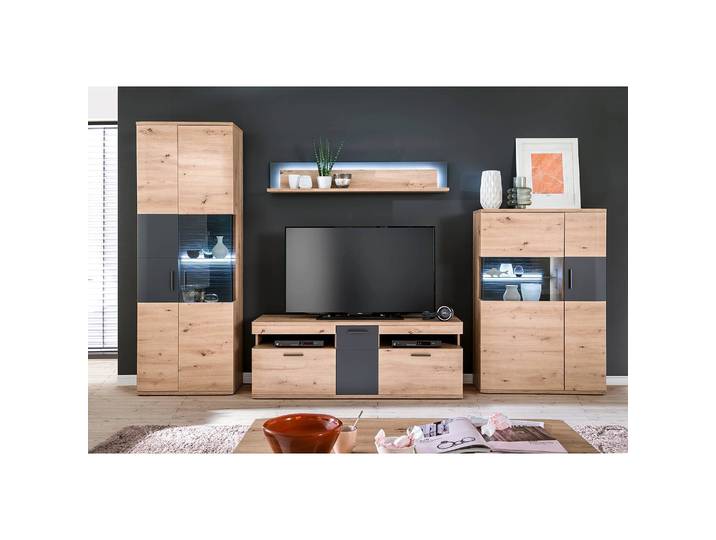TV-Lowboard I Front: MDF Mitteldichte Holzfaserplatte , beschichtet Korpus: Spanplatte, beschichtet Griffe: Metall, lackiert Braun 150 x 55 x