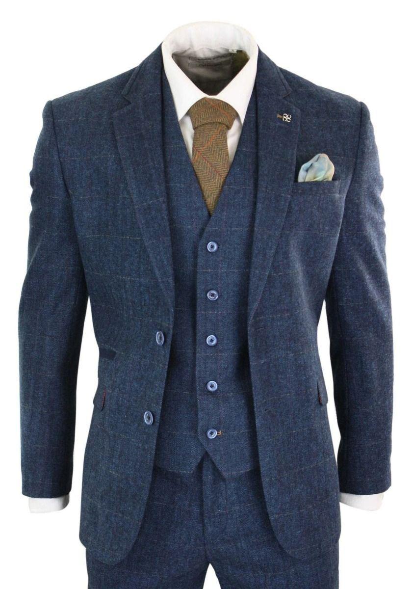 Heren 3-delig marineblauw tweed visgraat vintage klassiek pak