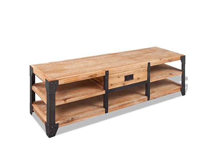 LMTYOENFG TV Board Massivholz Akazie 140x40x45 cm Lowboard Braun Industrielles Fernsehmöbel mit Schublade und Stahlgestell für ordentliche Unterhaltungselektronik im Wohnzimmer.