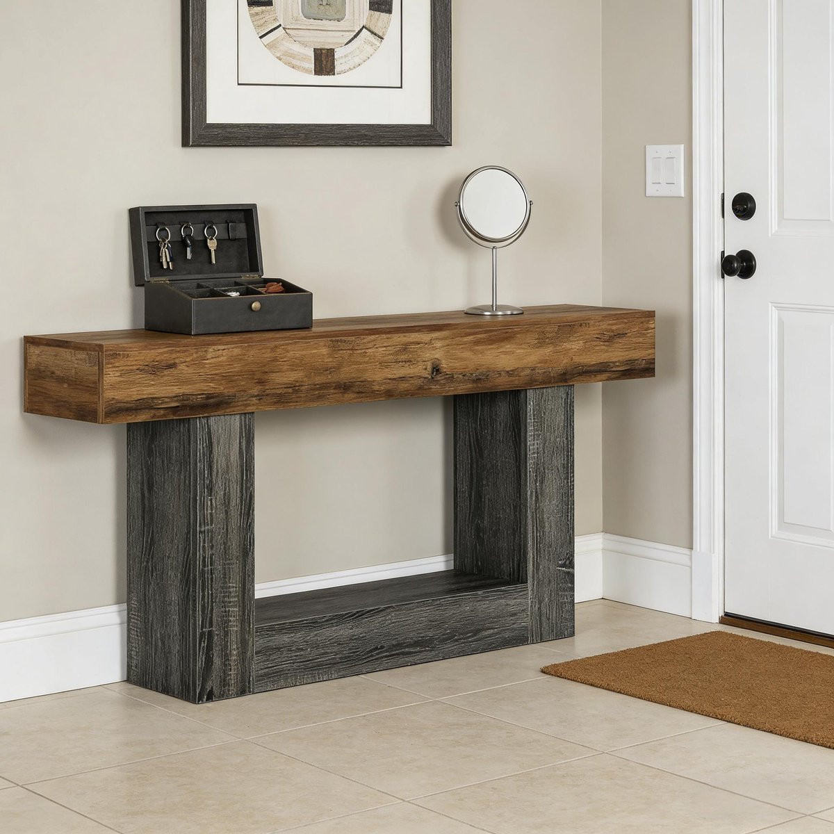 HAUSS SPOLE Consoletafel in landelijke stijl met onderplank, Grijs en Rustiek Bruin, 160 cm