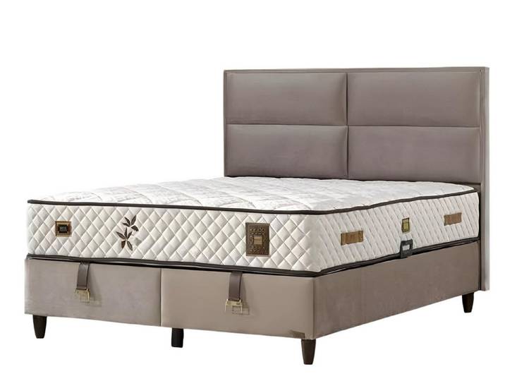 JVmoebel Boxspringbett Grau Holz-Textil Bett mit Matratze für optimalen Schlafkomfort (1-St)