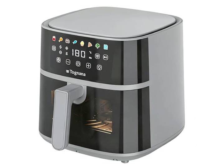 Tognana Iridea, Heißluftfritteuse 6 L, doppelte Heizspirale, Digitaldisplay, Timer, 80–200 °C, Sichtfenster, 1700 W, Kunststoff-Edelstahl, Perlgrau