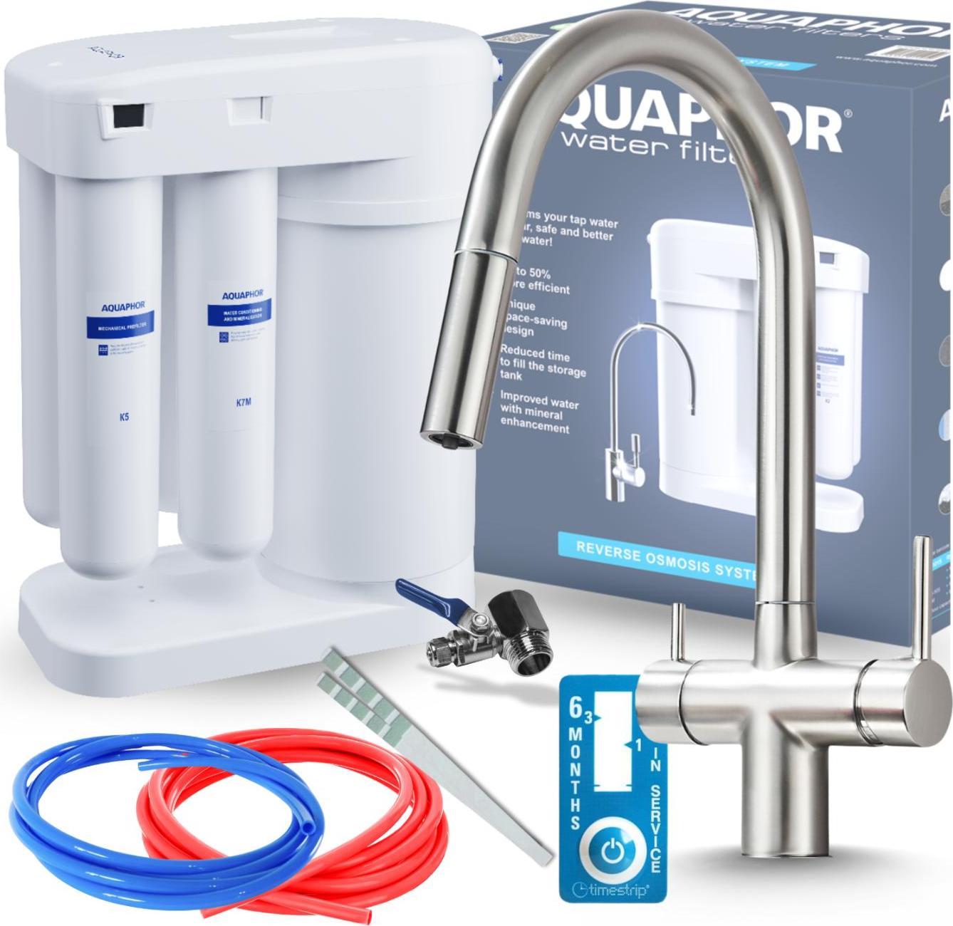 Wasserfilter Set Aquafor mit 3-Wege Küchenarmatur Ari Slender, Umkehrosmose, Edelstahl, ausziehbare Brause